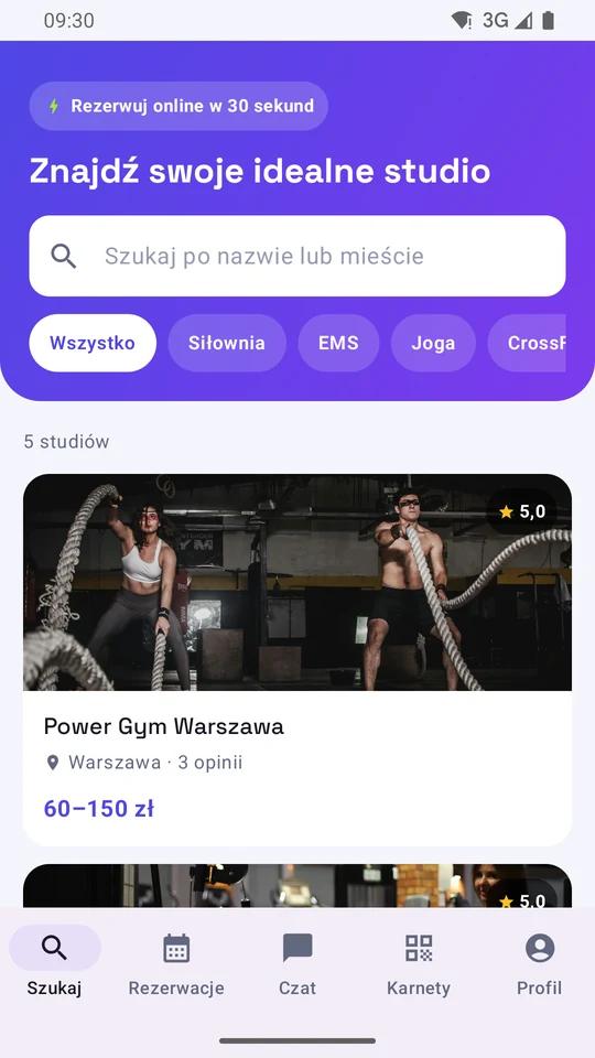 Aplikacja FitBook - wyszukiwanie studiów fitness