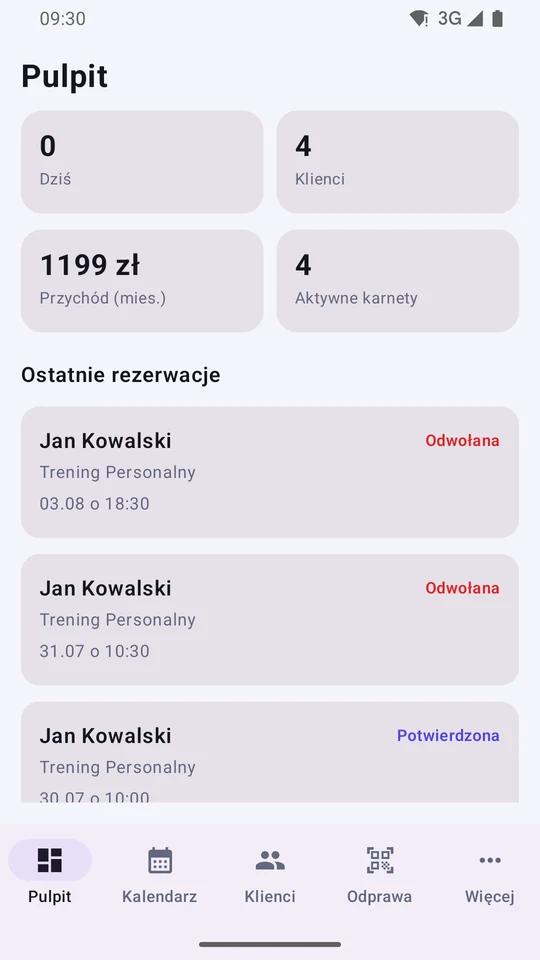 Aplikacja FitBook Studio - pulpit z liczbą rezerwacji i przychodem