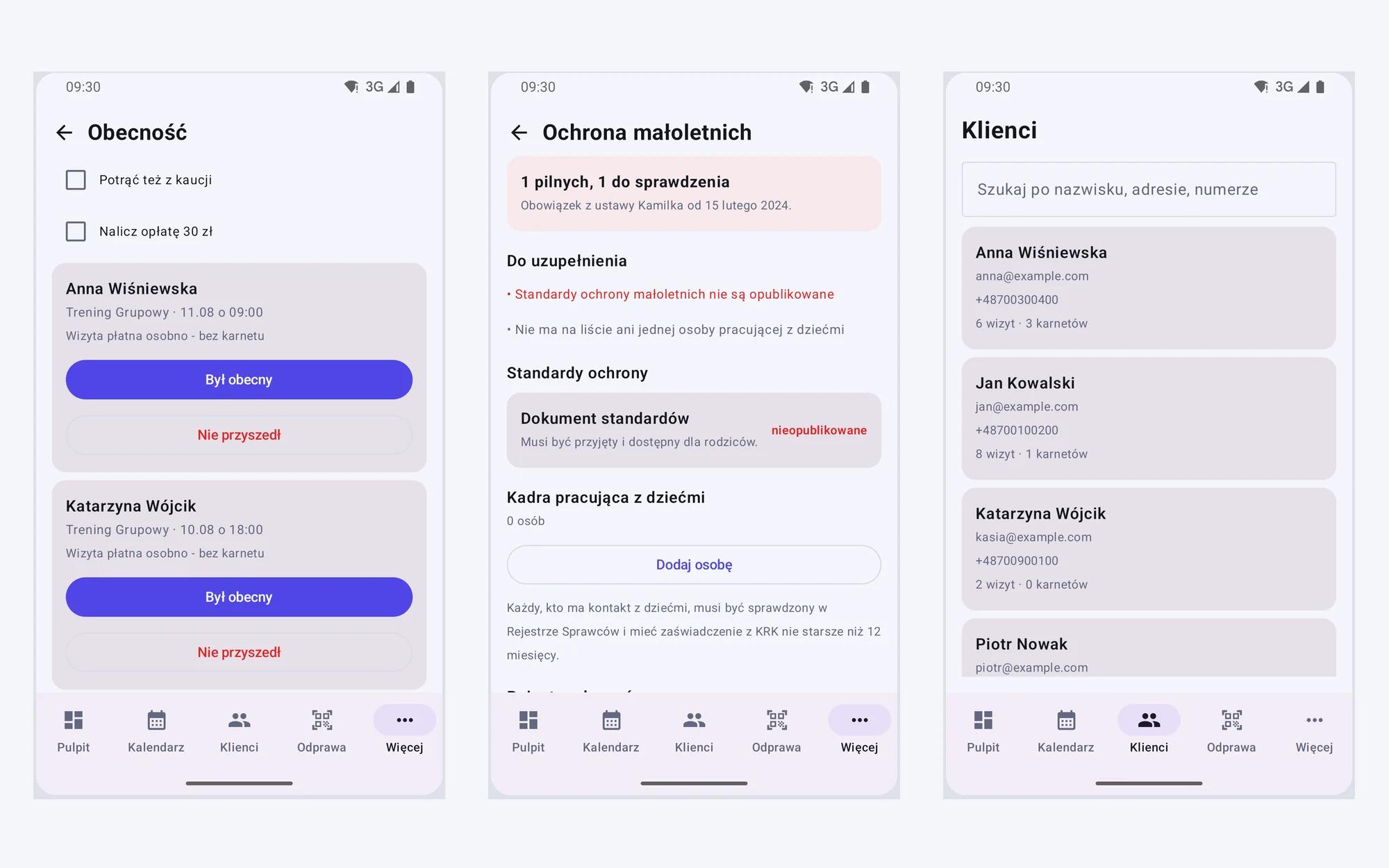 Obecność, ochrona małoletnich i kartoteka klienta w aplikacji FitBook Studio.