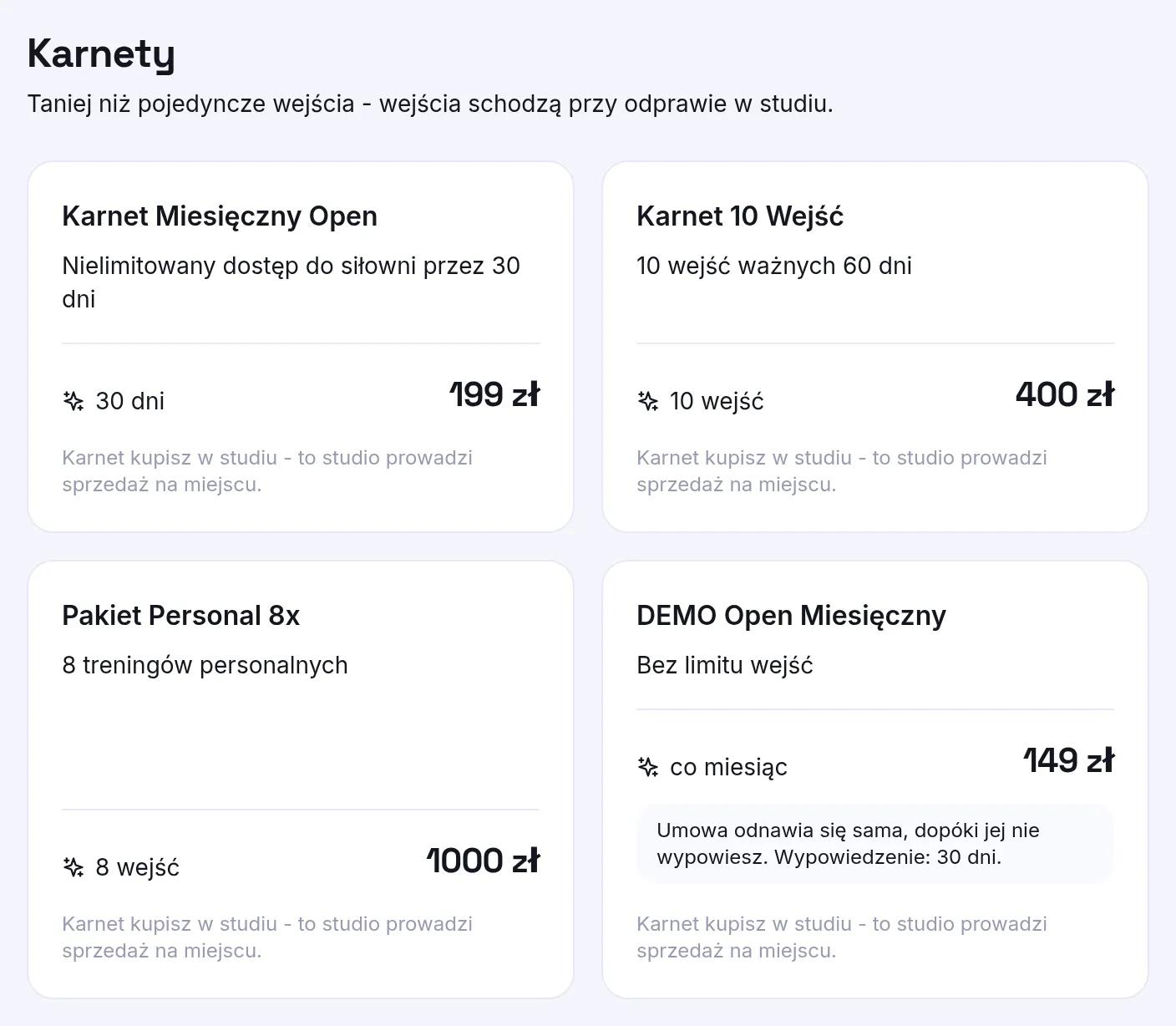 Karnet-umowa obok zwykłych karnetów. Zasady odnawiania i wypowiedzenia widać przed kliknięciem, nie po.