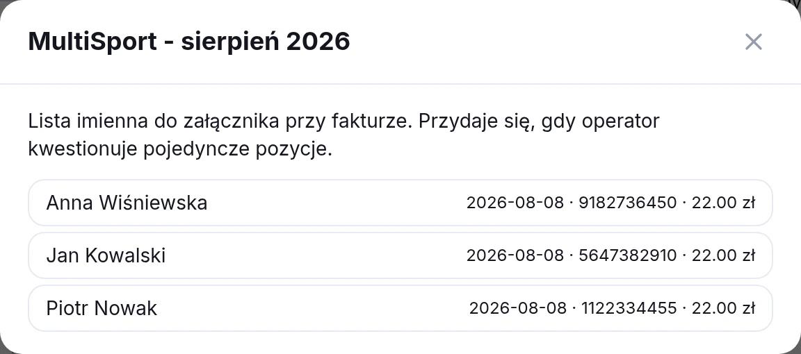 Lista imienna do załącznika przy fakturze dla operatora.