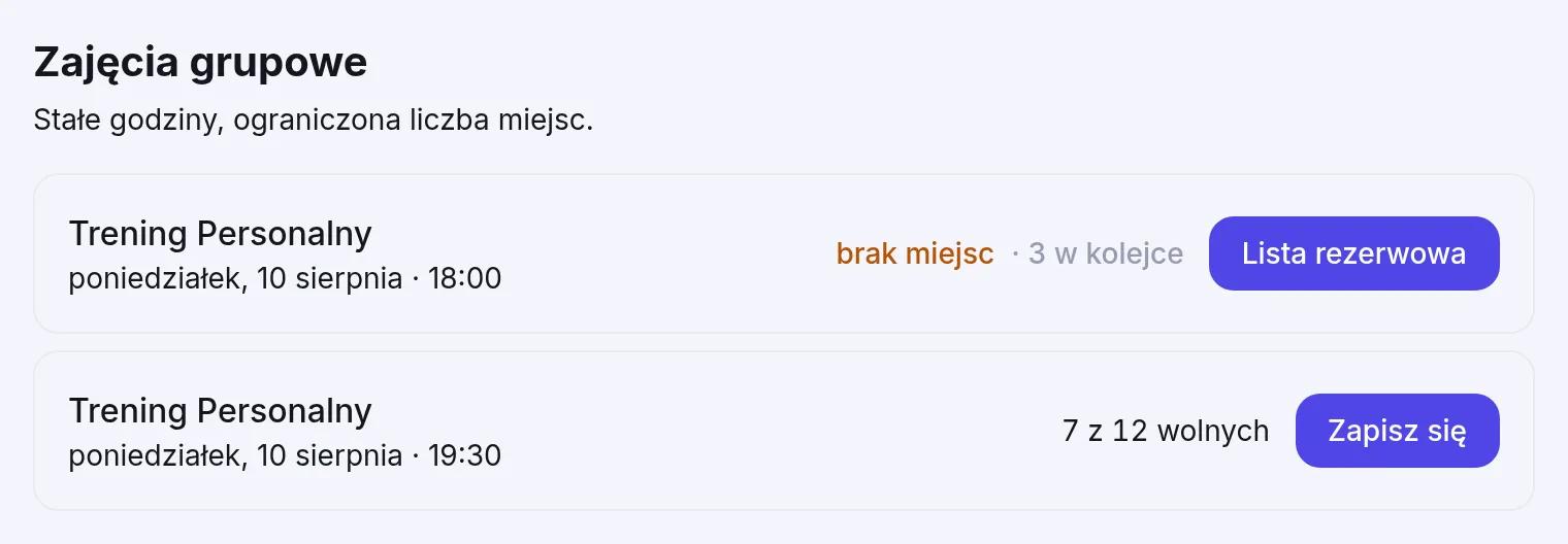 Termin z kompletem obok terminu z wolnymi miejscami. Przy komplecie przycisk zmienia rolę, a licznik pokazuje, ile osób już czeka.
