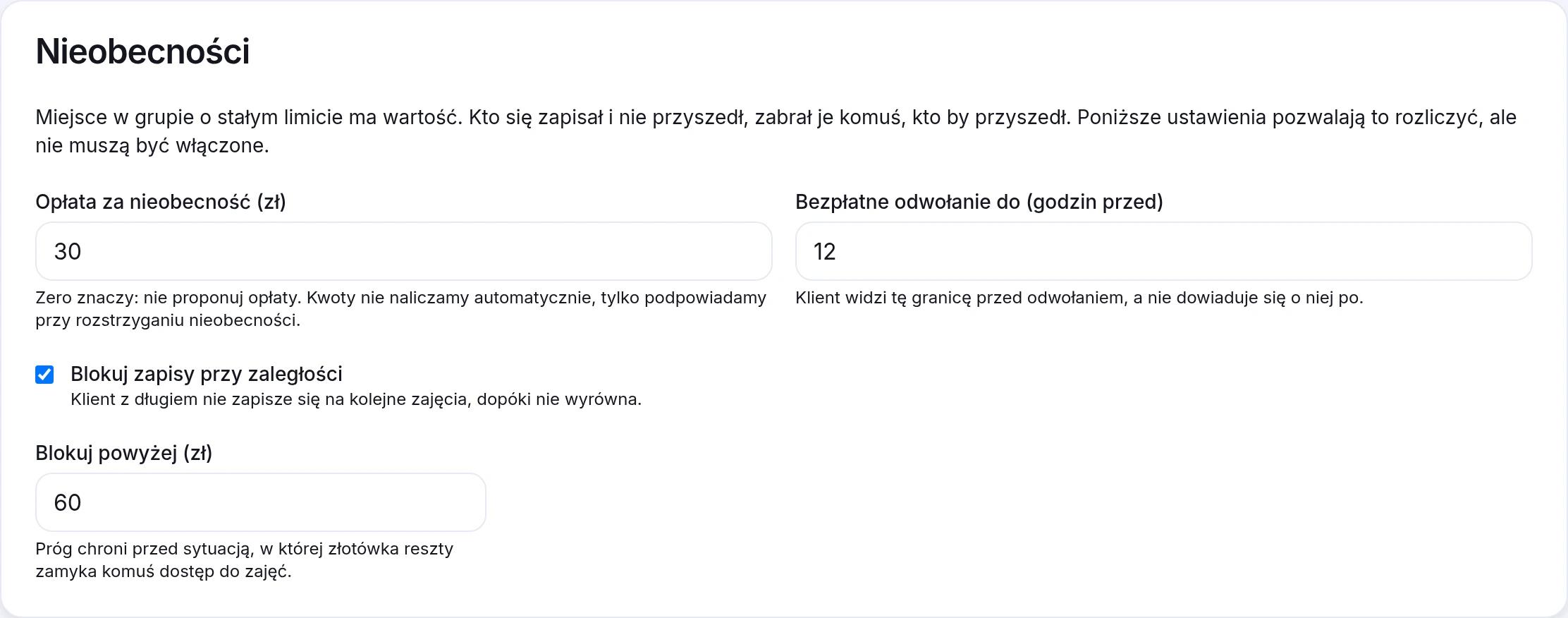 Karta ustawień. Dopóki rozrachunki są wyłączone, widzicie tu ostrzeżenie zamiast działającej opłaty.