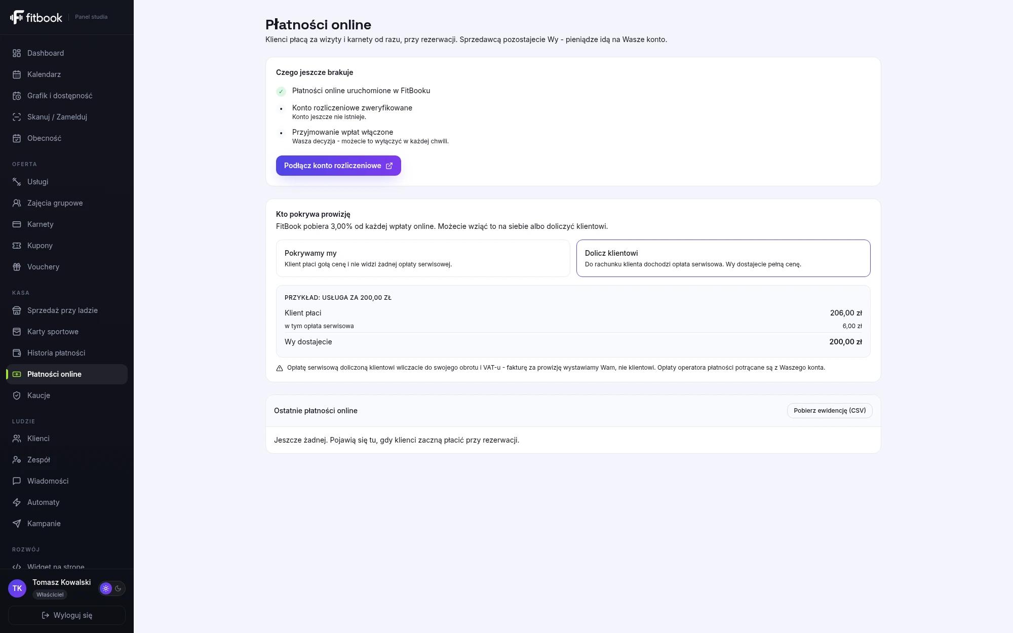 Panel płatności online: stan konta, prowizja i historia zamówień.