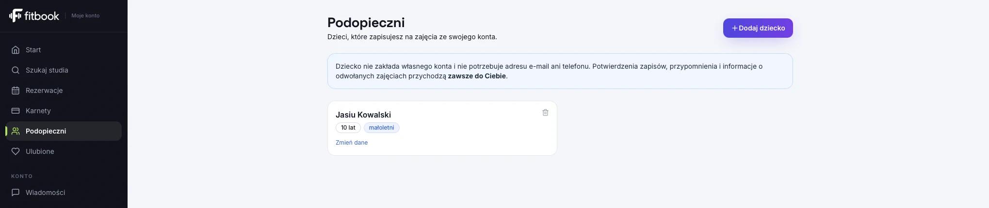 Podopieczni na koncie klienta: dziecko bez własnego konta, wszystkie powiadomienia do opiekuna.
